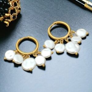18k Gold Plated Baroque Coin Pearl Dangle Hoop Earrings